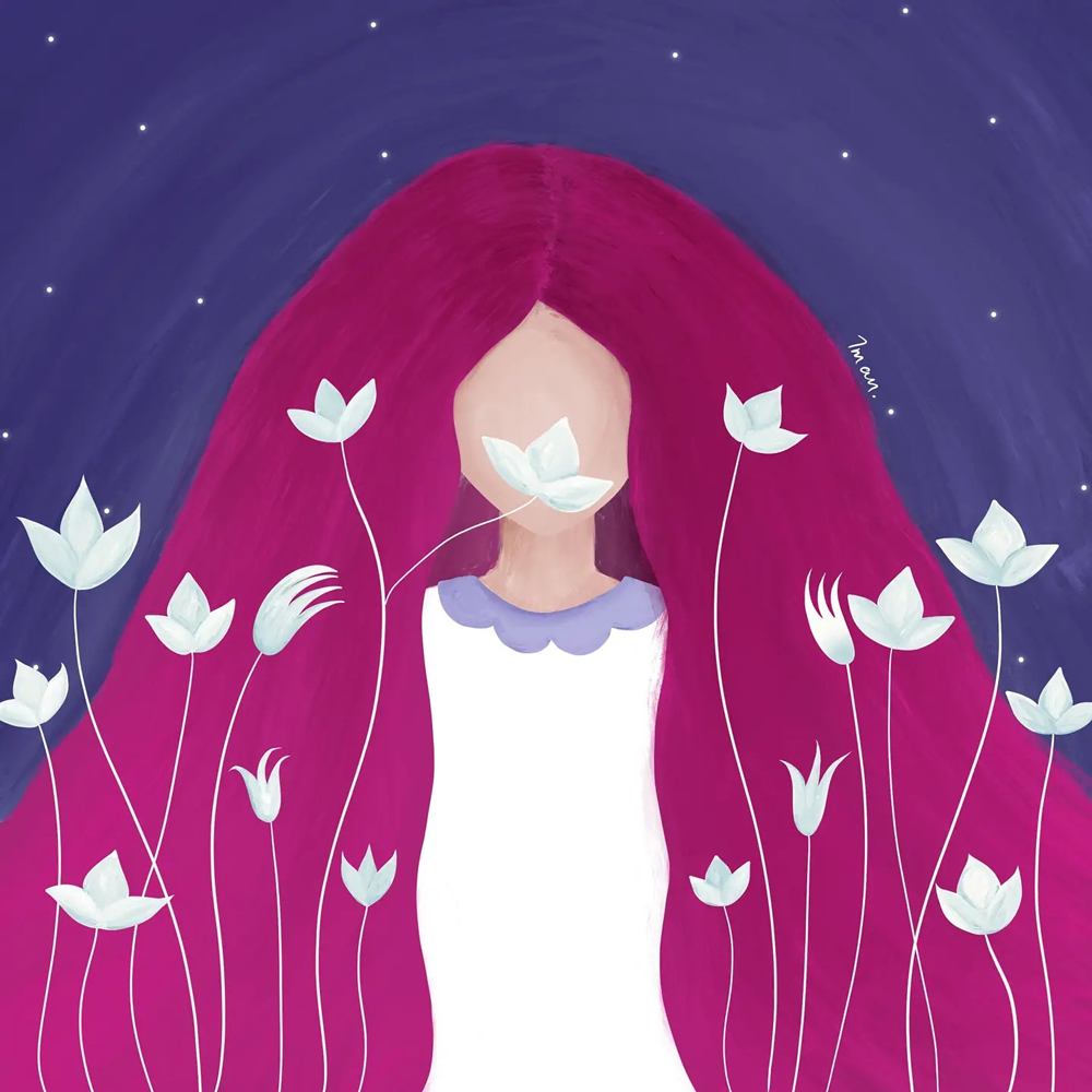 Illustration of a girl with long magenta hair against a starry night sky. White flowers with long stems intertwine with her hair, creating a serene, dreamlike vibe.